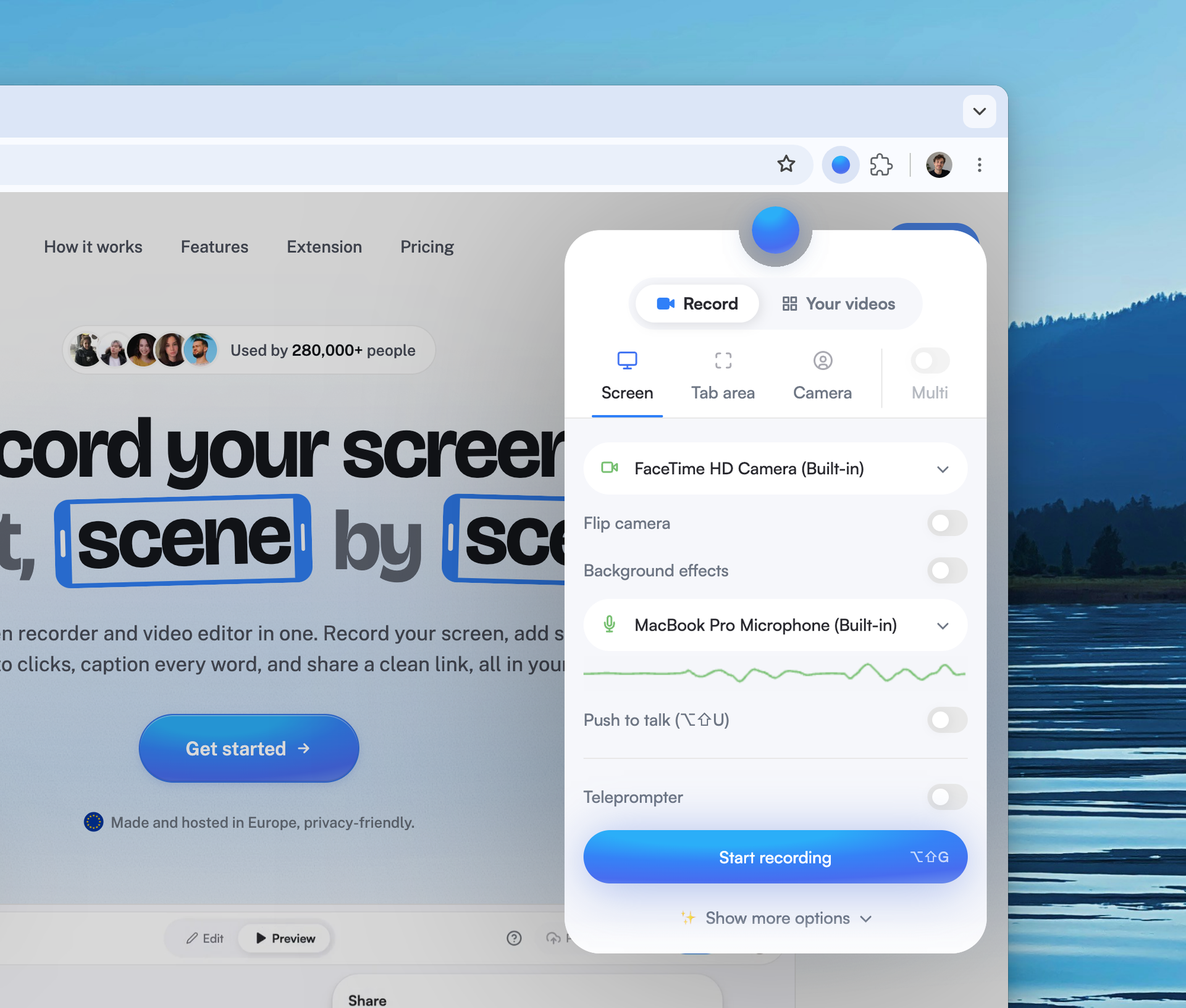 Recording popup showing the recording modes, camera and microphone controls, and Start recording button.
