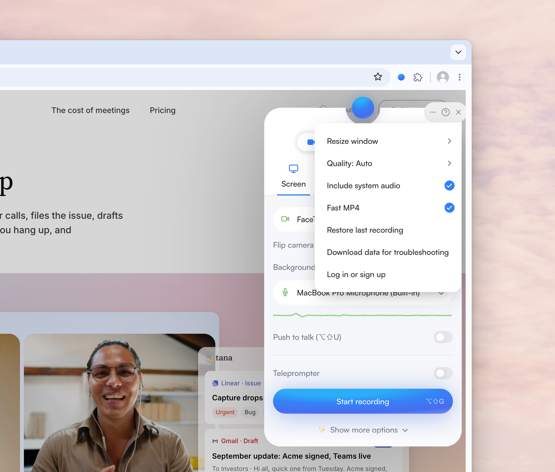 Extension popup with the three-dot menu open, showing Restore last recording.