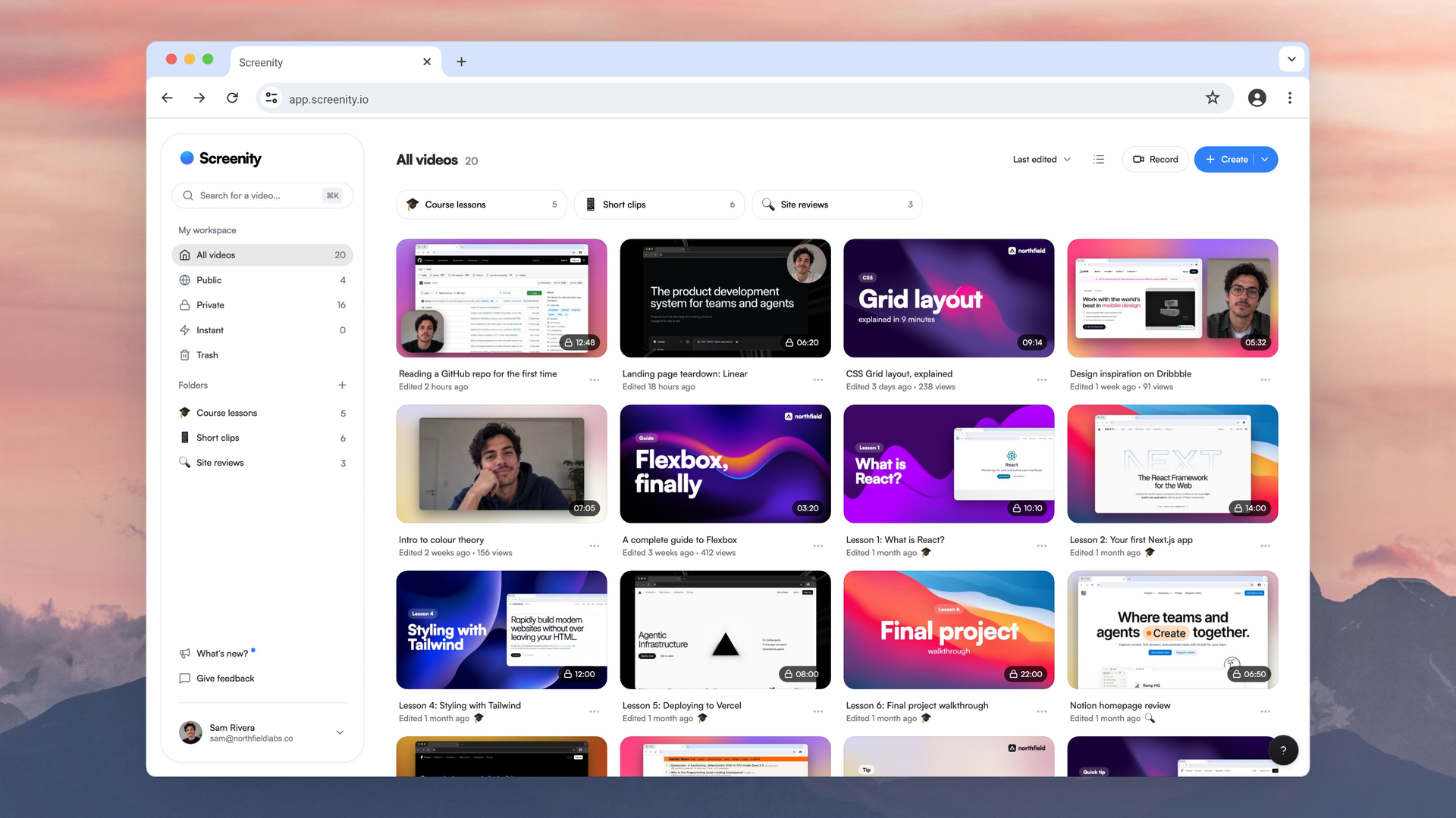Screenity dashboard showing a library of videos organized into folders, with the Record button and Create menu at the top right.