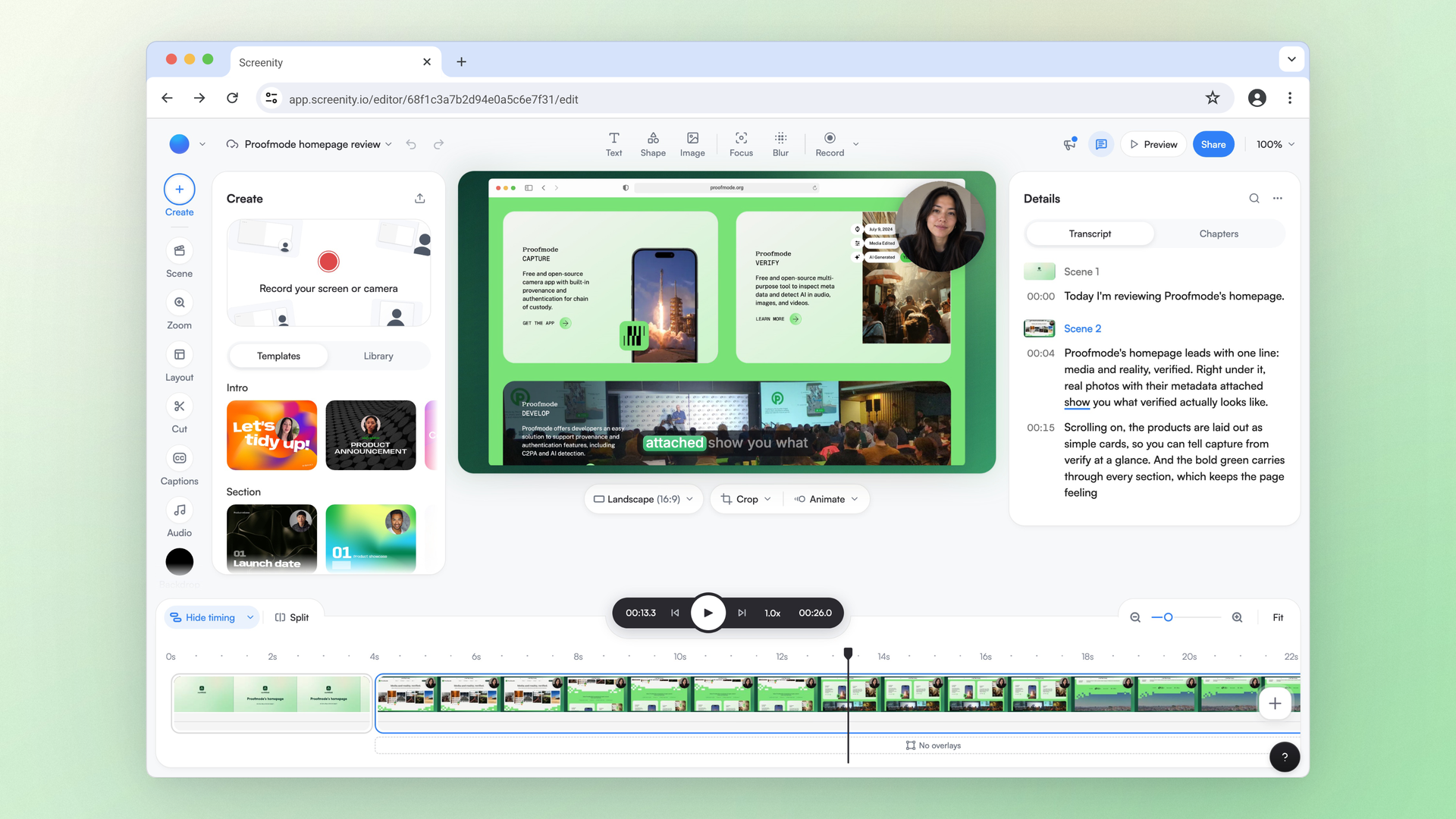 Web editor showing the preview, editing tools and scene timeline.
