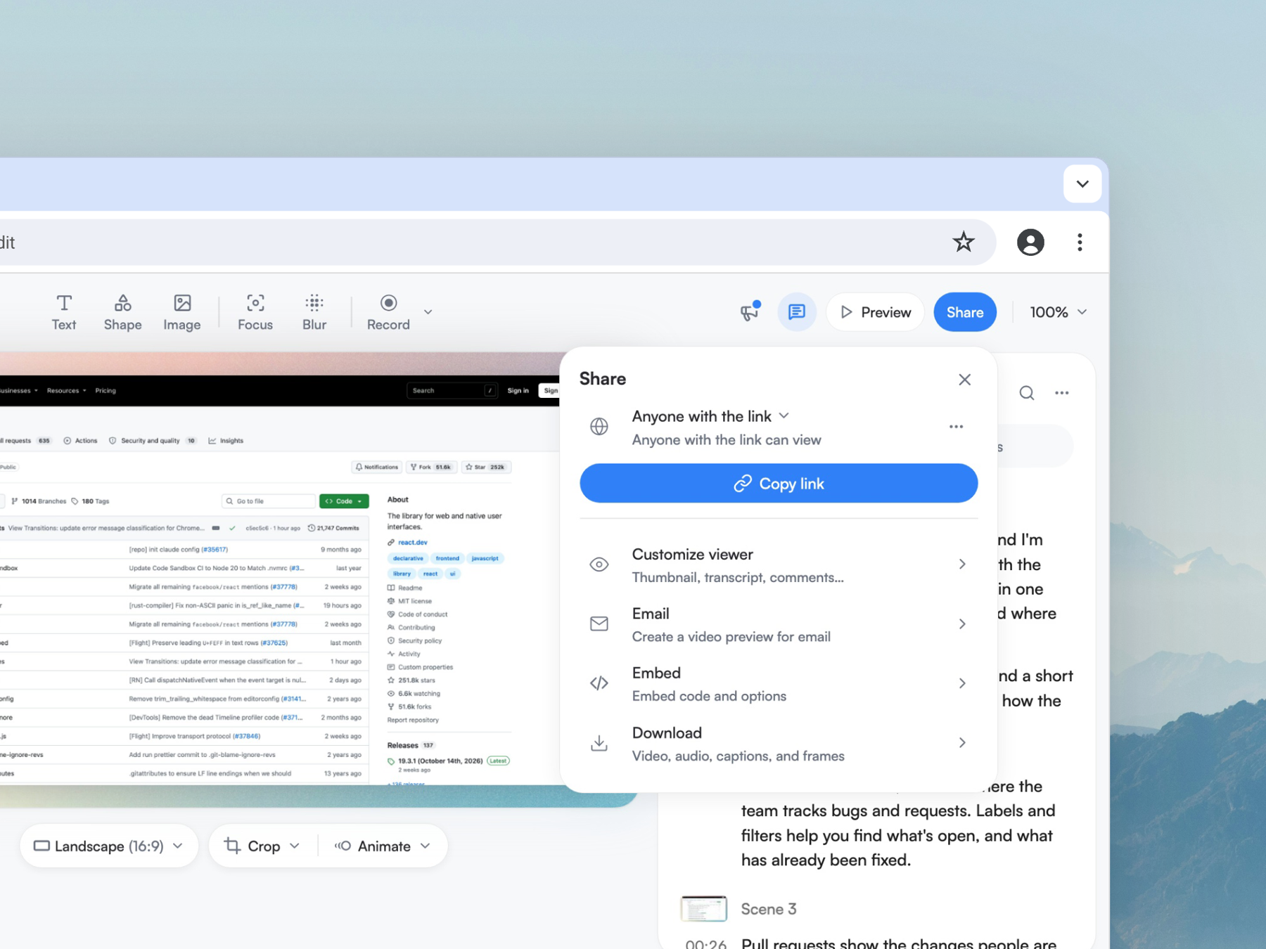 The Share window open in the web editor, set to Anyone with the link, with the Copy link button and the Customize viewer, Email, Embed and Download options below it.